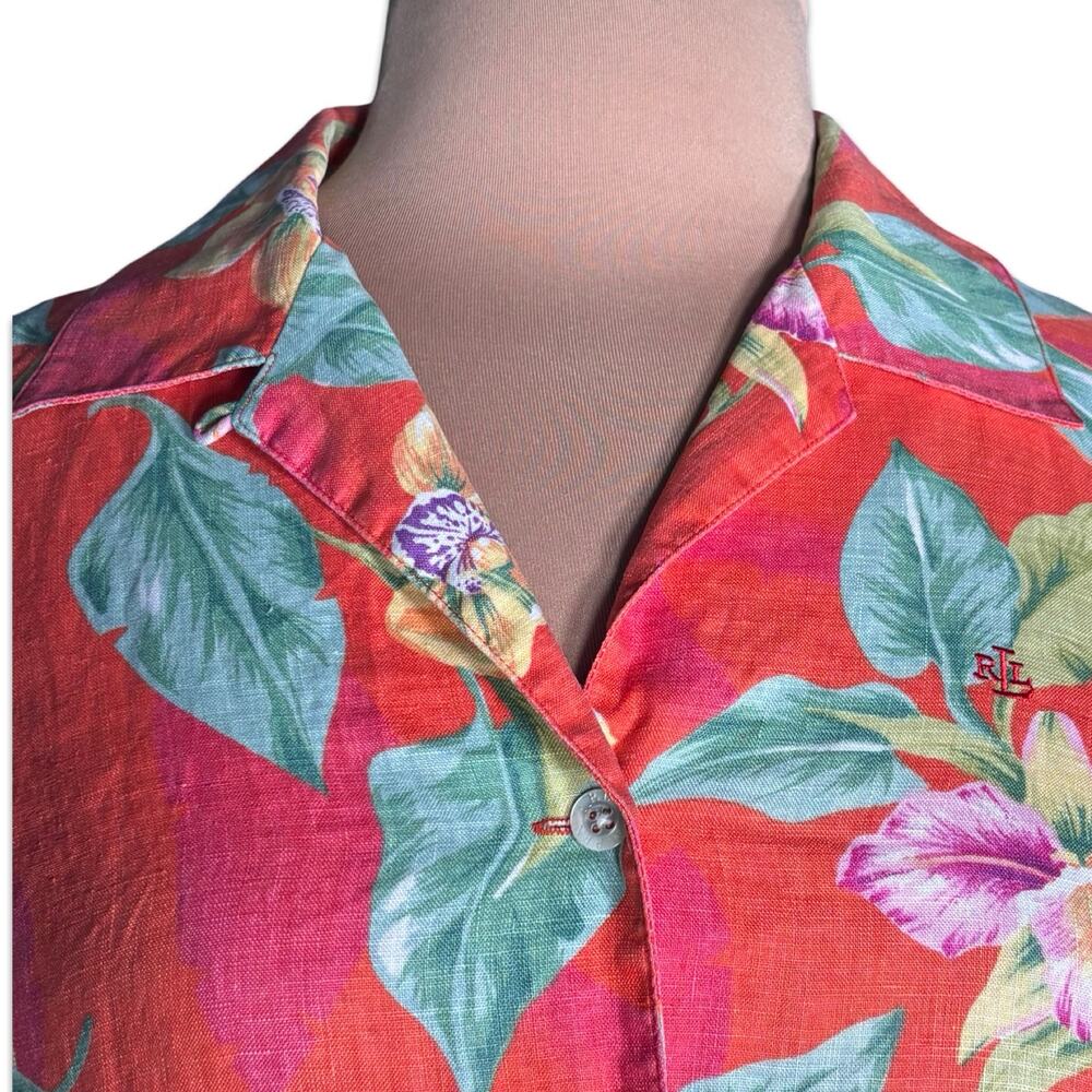Vintage Lauren Ralph Lauren Linen Tropical Floral Button Front Top Petite Medium